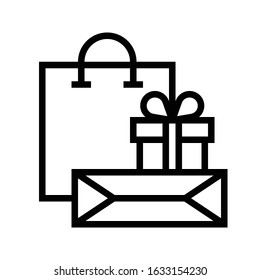 Gift box and shopping bag vector illustration, line design icon
