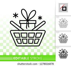 Gift Box in shopping cart thin line icon. Outline web sign of sale banner. Best Buy linear pictogram with different stroke width. Simple vector transparent symbol. Special offer editable stroke icon