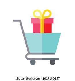 Gift box in shopping cart vector illustration, flat style icon