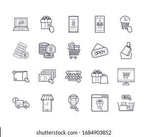 gift box and shopping online icon set over white background, line style, vector illustration