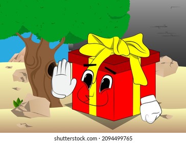 Gift Box with showing deny or refuse hand gesture as a cartoon character. Holiday, Celebration surprise with happy face emotion.