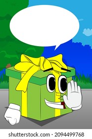 Gift Box with showing deny or refuse hand gesture as a cartoon character. Holiday, Celebration surprise with happy face emotion.