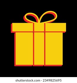 Gift box sign. 3D Extruded Yellow Icon with Red Sides a Black background. Illustration.