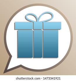 Gift box sign. Bright cerulean icon in white speech balloon at pale taupe background. Illustration.
