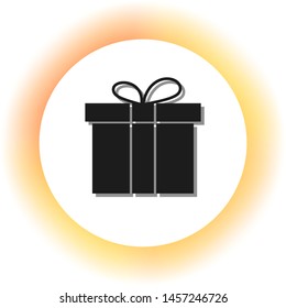 Gift box sign. Dark icon with shadow on the glowing circle button. Illustration.