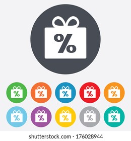 Gift box sign discount icon. Present symbol. Round colourful 11 buttons. Vector