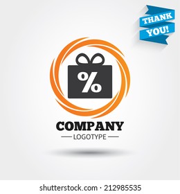 Gift box sign discount icon. Present symbol. Business abstract circle logo. Logotype with Thank you ribbon. Vector