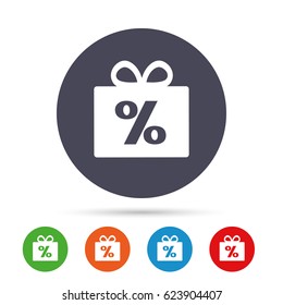 Gift box sign discount icon. Present symbol. Round colourful buttons with flat icons. Vector