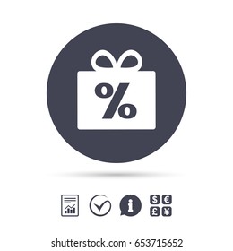 Gift box sign discount icon. Present symbol. Report document, information and check tick icons. Currency exchange. Vector