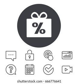 Gift box sign discount icon. Present symbol. Calendar, Locker and Speech bubble line signs. Video camera, Statistics and Question icons. Vector