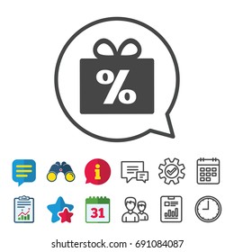 Gift box sign discount icon. Present symbol. Information, Report and Calendar signs. Group, Service and Chat line icons. Vector