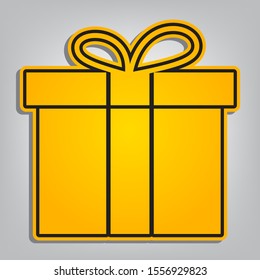 Gift box sign. Flat orange icon with overlapping linear black icon with gray shadow at whitish background. Illustration.