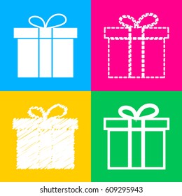 Gift box sign. Four styles of icon on four color squares.