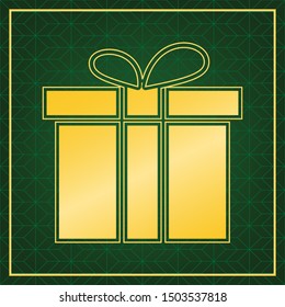 Gift box sign. Golden icon with gold contour at dark green gridded white background. Illustration.