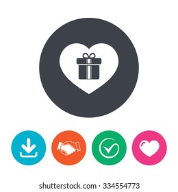 Gift box sign icon. Love Present symbol. Download arrow, handshake, tick and heart. Flat circle buttons.
