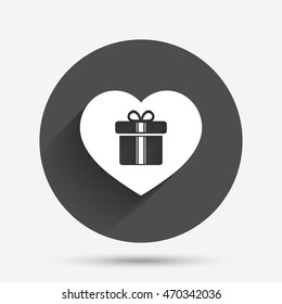 Gift box sign icon. Love Present symbol. Circle flat button with shadow. Vector