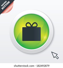 Gift box sign icon. Present symbol. Green shiny button. Modern UI website button with mouse cursor pointer. Vector