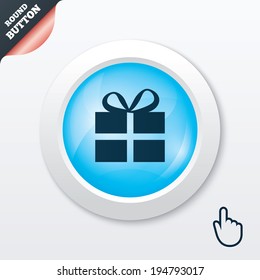 Gift box sign icon. Present symbol. Blue shiny button. Modern UI website button with hand cursor pointer. Vector