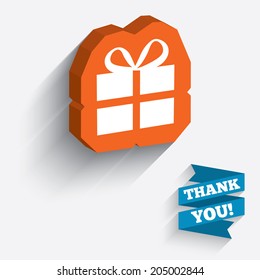 Gift box sign icon. Present symbol. White icon on orange 3D piece of wall. Carved in stone with long flat shadow. Vector