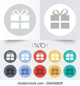 Gift box sign icon. Present symbol. Round 12 circle buttons. Shadow. Hand cursor pointer. Vector