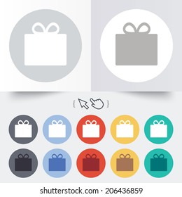 Gift box sign icon. Present symbol. Round 12 circle buttons. Shadow. Hand cursor pointer. Vector