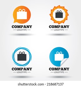 Gift box sign icon. Present symbol. Business abstract circle logos. Icon in speech bubble, wreath. Vector