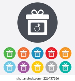 Gift box sign icon. Present with engagement ring symbol. Round colourful 11 buttons. Vector