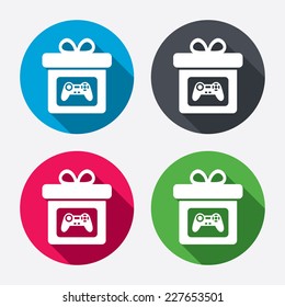 Gift box sign icon. Present with video game joystick symbol. Circle buttons with long shadow. 4 icons set. Vector