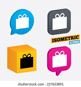 Gift box sign icon. Present symbol. Isometric speech bubbles and cube. Rotated icons with edges. Vector
