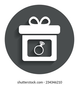Gift box sign icon. Present with engagement ring symbol. Gray flat button with shadow. Modern UI website navigation. Vector