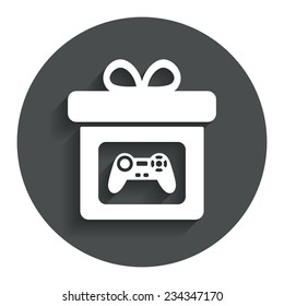 Gift box sign icon. Present with video game joystick symbol. Gray flat button with shadow. Modern UI website navigation. Vector
