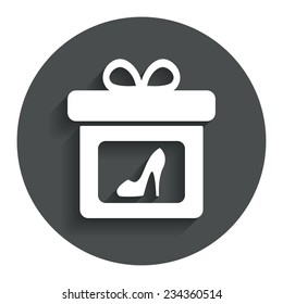 Gift box sign icon. Present with woman shoes symbol. Gray flat button with shadow. Modern UI website navigation. Vector