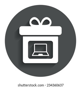 Gift box sign icon. Present with notebook pc symbol. Gray flat button with shadow. Modern UI website navigation. Vector