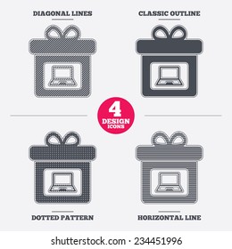 Gift box sign icon. Present with notebook pc symbol. Diagonal and horizontal lines, classic outline, dotted texture. Pattern design icons.  Vector