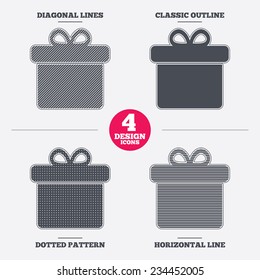 Gift box sign icon. Present symbol. Diagonal and horizontal lines, classic outline, dotted texture. Pattern design icons.  Vector