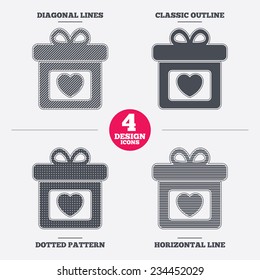 Gift box sign icon. Present with heart love symbol. Diagonal and horizontal lines, classic outline, dotted texture. Pattern design icons.  Vector