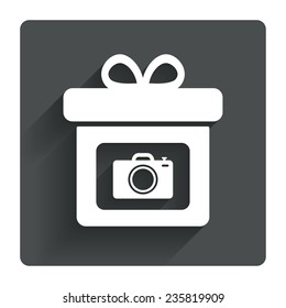 Gift box sign icon. Present with photo camera symbol. Gray flat square button with shadow. Modern UI website navigation. Vector