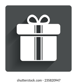 Gift box sign icon. Present with ribbons symbol. Gray flat square button with shadow. Modern UI website navigation. Vector