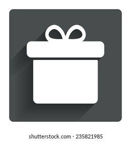 Gift box sign icon. Present symbol. Gray flat square button with shadow. Modern UI website navigation. Vector