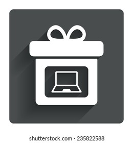 Gift box sign icon. Present with notebook pc symbol. Gray flat square button with shadow. Modern UI website navigation. Vector