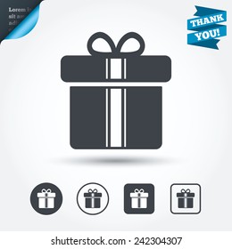 Gift box sign icon. Present with ribbons symbol. Circle and square buttons. Flat design set. Thank you ribbon. Vector