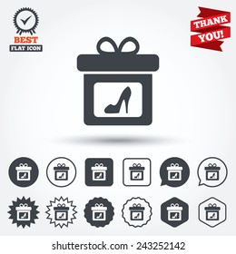 Gift box sign icon. Present with woman shoes symbol. Circle, star, speech bubble and square buttons. Award medal with check mark. Thank you ribbon. Vector