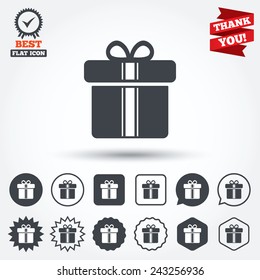 Gift box sign icon. Present with ribbons symbol. Circle, star, speech bubble and square buttons. Award medal with check mark. Thank you ribbon. Vector