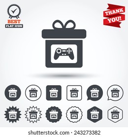 Gift box sign icon. Present with video game joystick symbol. Circle, star, speech bubble and square buttons. Award medal with check mark. Thank you ribbon. Vector