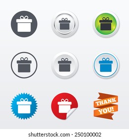 Gift box sign icon. Present symbol. Circle concept buttons. Metal edging. Star and label sticker. Vector