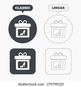 Gift box sign icon. Present with woman shoes symbol. Classic and line web buttons. Circles and squares. Vector