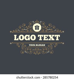 Gift box sign icon. Present with ribbons symbol. Flourishes calligraphic ornament. Vector