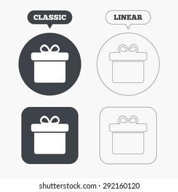 Gift box sign icon. Present symbol. Classic and line web buttons. Circles and squares. Vector