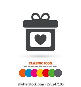 Gift box sign icon. Present with heart love symbol. Classic flat icon. Colored circles. Vector