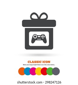 Gift box sign icon. Present with video game joystick symbol. Classic flat icon. Colored circles. Vector